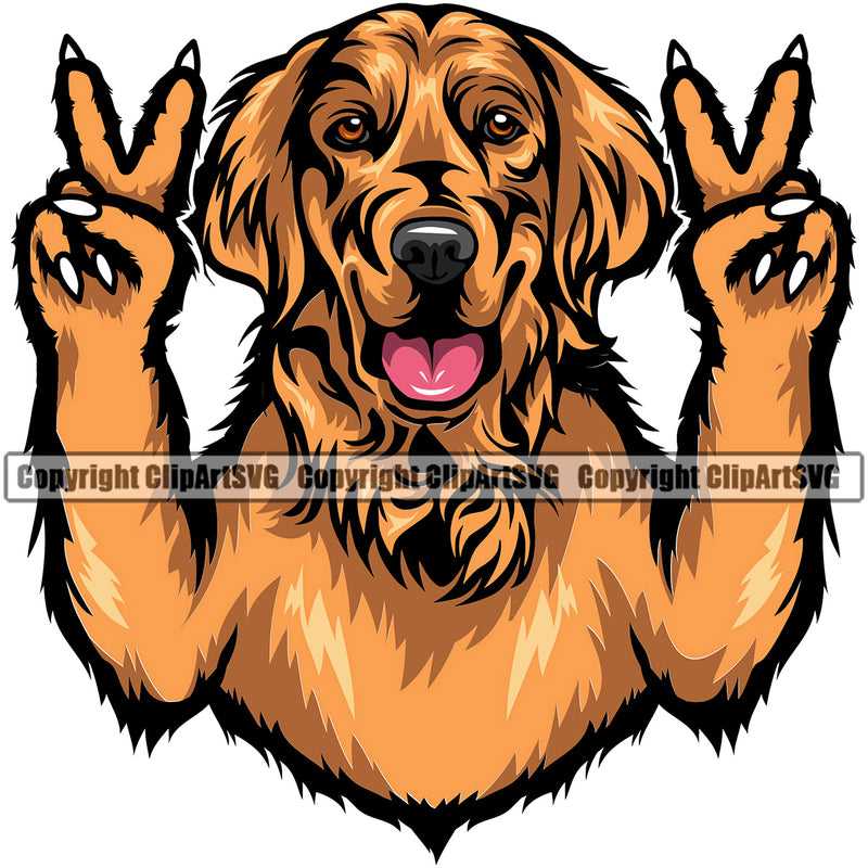 Golden Retriever Dog Peace Hand Sign Color Body Animal Head Design Puppy Head Purebred Pup Pedigree Vector Doggy K9 Clipart SVG