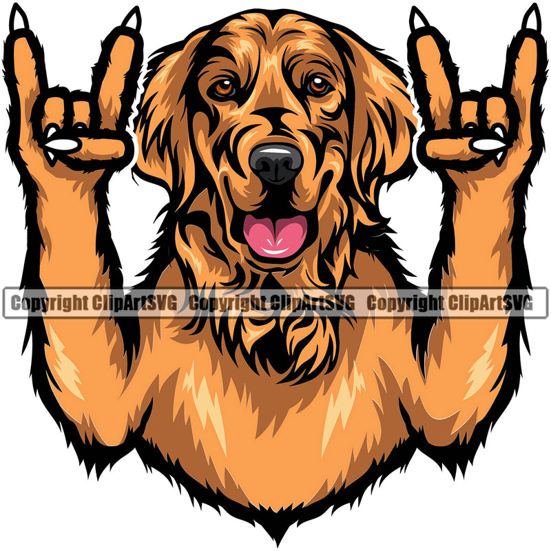Golden Retriever Dog Rock And Roll Hand Sign Smiling Face Animal Puppy Head Purebred Pup Pedigree Design K9 Portrait Doggy Clipart SVG
