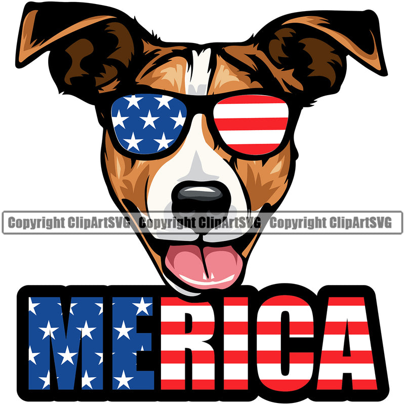 Jack Russell Terrier Dog Wearing Sunglasses Merica Color Text Canine K9 Animal Portrait Doggy Face Vector Purebred Pedigree Head Clipart SVG