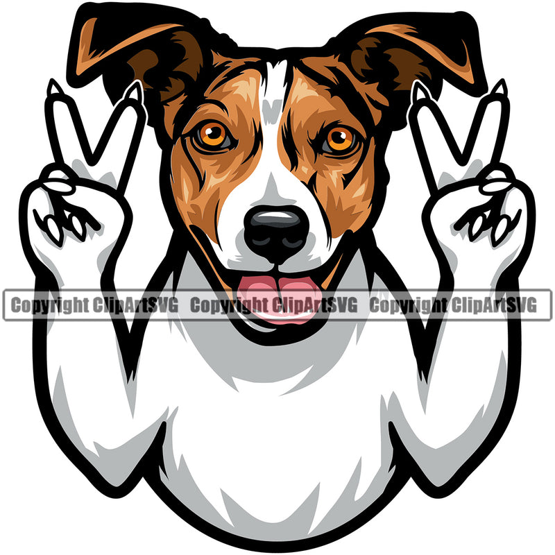 Jack Russell Terrier Dog Peace Hand Sign Smiling Face Cute Doggy Head Color Design Purebred Pup Pedigree Canine K-9 Animal Clipart SVG