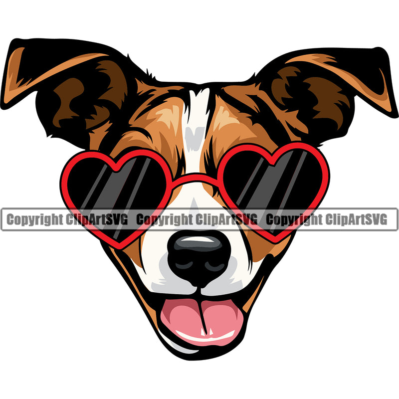 Jack Russell Terrier Dog Wearing Sunglasses Sun Heart Design Smiling Face Puppy Head Purebred Pup Pedigree Vector K9 Animal Portrait Doggy Clipart SVG