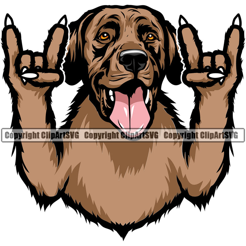 Labrador Retriever Dog Rock And Roll Hand Sign Color Design Element Puppy Pup Head Purebred Pedigree Canine K-9 K9 Animal Portrait Doggy Face Vector Clipart SVG