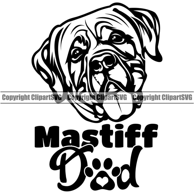 Mastiff Dad Dog Design Element Puppy Pup Head Purebred Pedigree Canine K-9 K9 Animal Portrait Doggy Cute Body Vector Clipart SVG