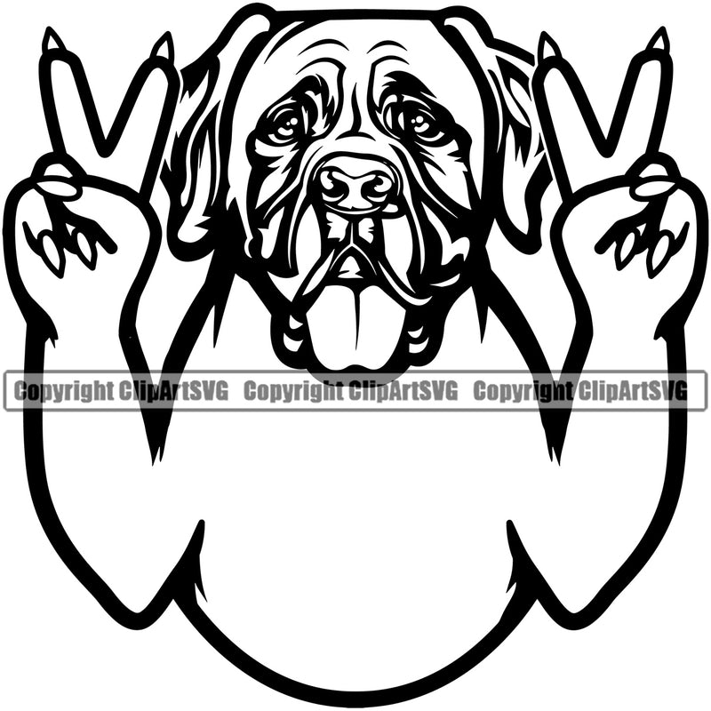 Mastiff Dog Peace Hand Sign Design Element Head Purebred Pedigree Canine K-9 K9 Animal Portrait Cute Face Doggy Puppy Vector Clipart SVG