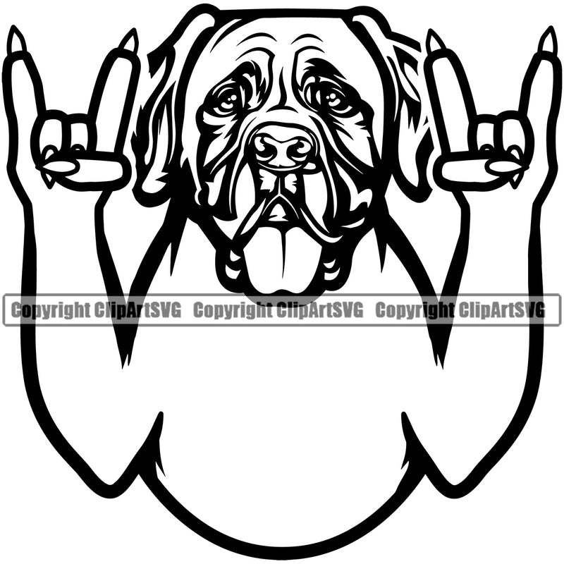 Mastiff Dog Rock And Roll Hand Sign Design Element Head Purebred Pedigree Canine K-9 K9 Animal Portrait Doggy Face Puppy Cute Vector Clipart SVG