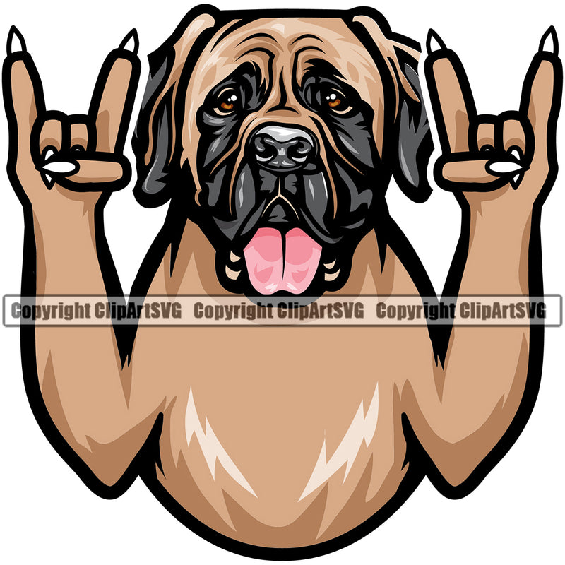 Mastiff Dog Rock And Roll Hand Sign Color Design  Animal Portrait Doggy Face Cute Puppy Pup Purebred Pedigree Canine Clipart SVG