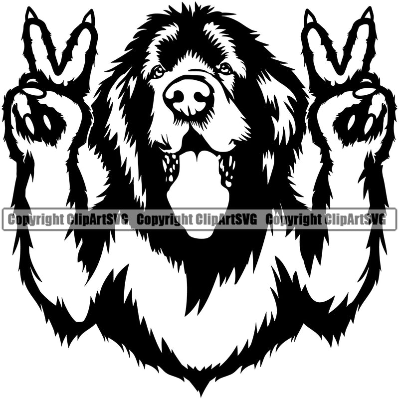 Newfoundland Dog Peace Hand Sign Design Element Puppy Pup Head Purebred Pedigree Portrait Doggy Face Cute Canine K9 Animal Vector Clipart SVG