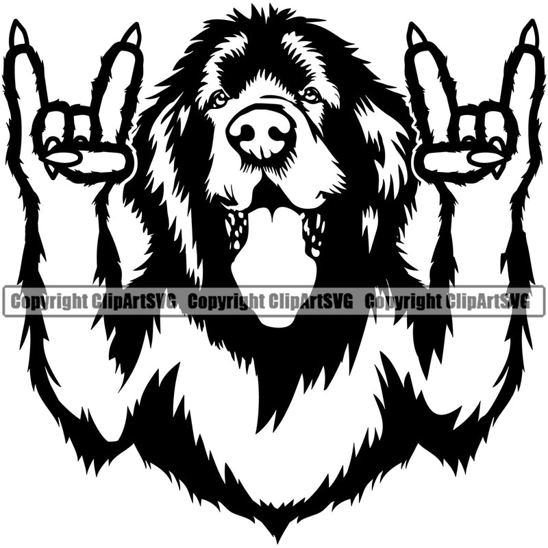 Newfoundland Dog Rock And Roll Hand Sign Cute Face Puppy Head Purebred Pedigree Canine K-9 K9 Animal Portrait Doggy Clipart SVG
