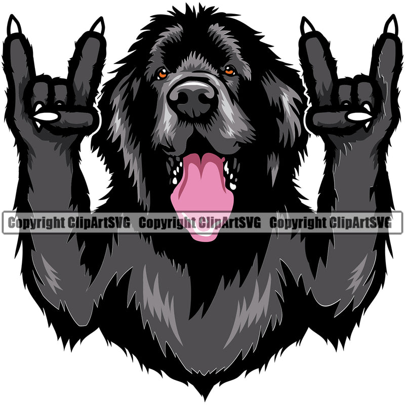 Newfoundland Dog Rock And Roll Hand Sign Color Design Element Puppy Pup Head Purebred Pedigree Canine K-9 K9 Animal Doggy Face Portrait Clipart SVG