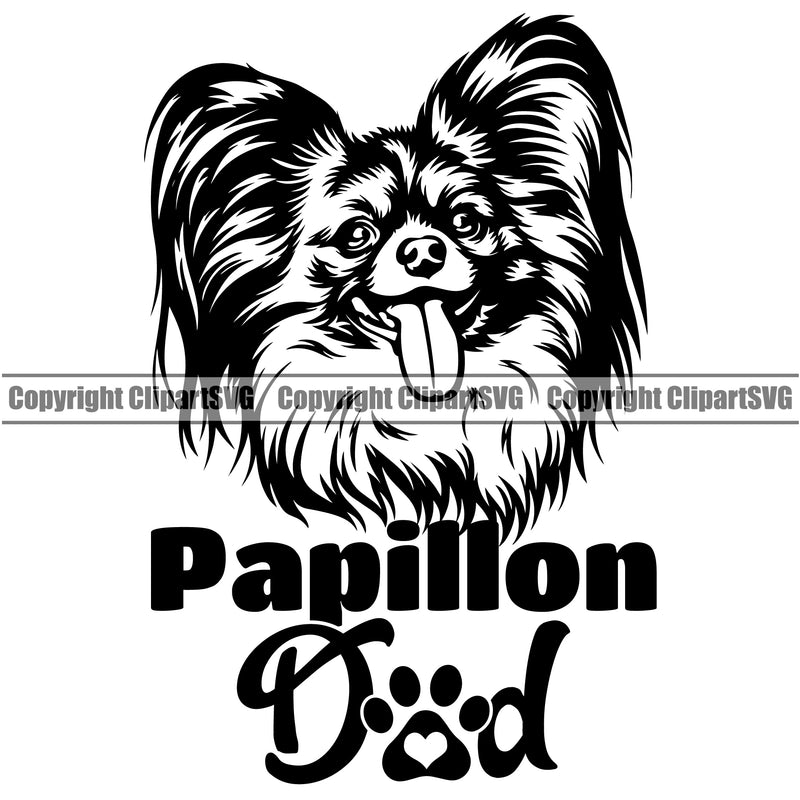 Papillion Dad Dog With Text Design Element Puppy Pup Head Purebred Pedigree K-9 K9 Portrait Doggy Face Animal Canine Vector Clipart SVG
