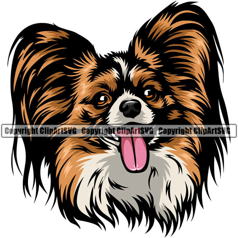 Papillion Dog Head Color Design Element Puppy Pup Head Purebred Pedigree K-9 K9 Portrait Doggy Face Animal Canine Vector Clipart SVG