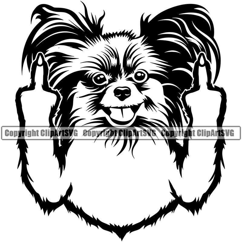 Papillion Middle Finger Sign Puppy Pup Head Purebred Pedigree Canine K-9 K9 Animal Portrait Doggy Face Vector Clipart SVG
