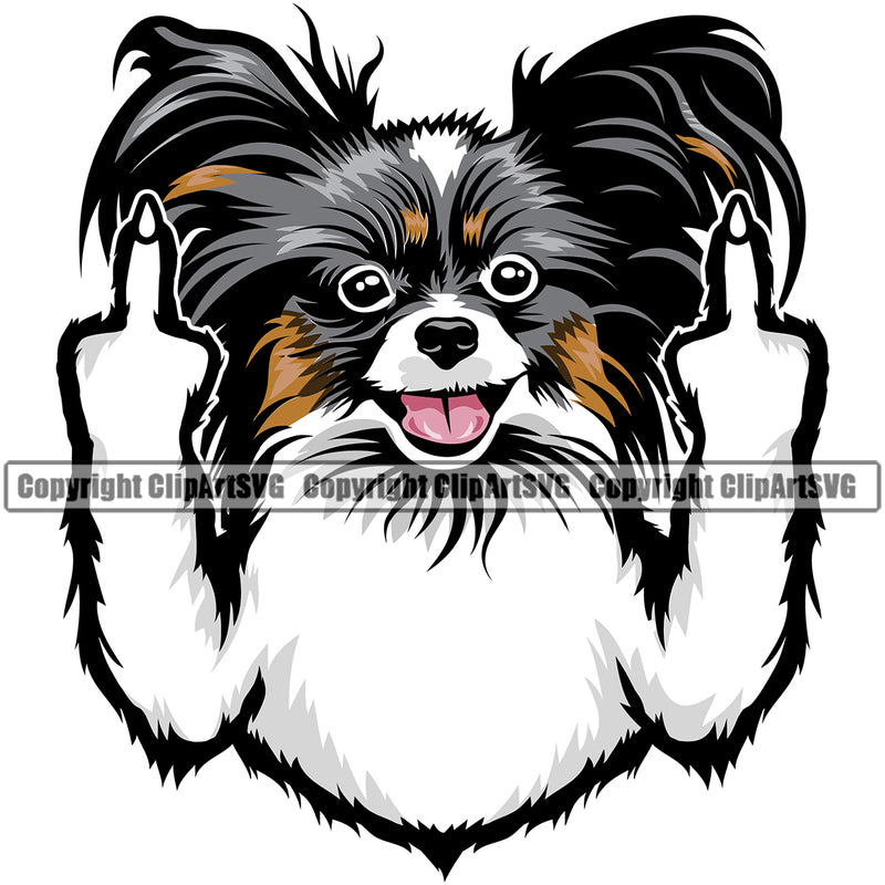 Papillion Middle Finger Design Element Color Face Canine K-9 Animal Portrait Doggy Puppy Pup Head Purebred Pedigree Body Vector Clipart SVG