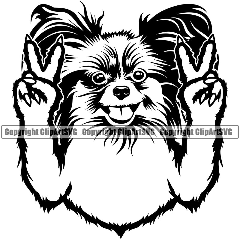 Papillion Dog Peace Hand Sign Design Element Puppy Pup Head Canine K-9 K9 Animal Portrait Doggy Face Cute Pedigree Purebred
