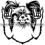 Papillion Rock And Roll Hand Sign Dog Puppy Pup Head Canine K9 Animal Portrait Doggy Face Cute Pedigree Purebred Vector Clipart SVG