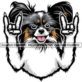 Papillion Dog Rock And Roll Hand Sign Color Head Design Element Puppy Pup Head Purebred Pedigree Canine K-9 K9 Animal Portrait Doggy Face Cute Body Vector Clipart SVG