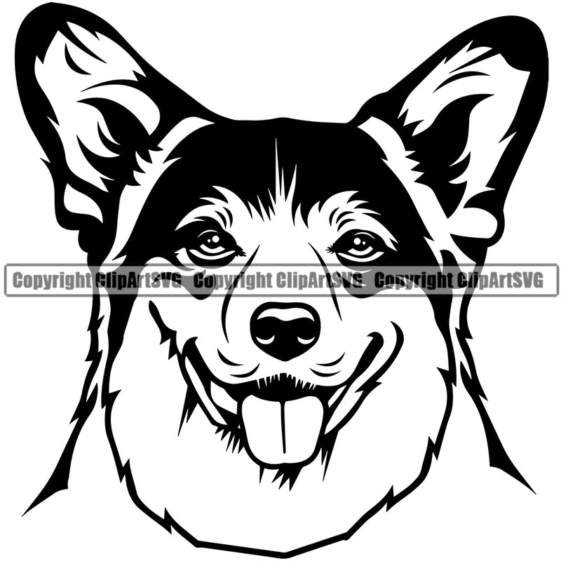 Pembroke Welsh Corgi Smile Face Dog Design Element Head Purebred Pedigree Canine K-9 K9 Animal Portrait Doggy Vector Clipart SVG