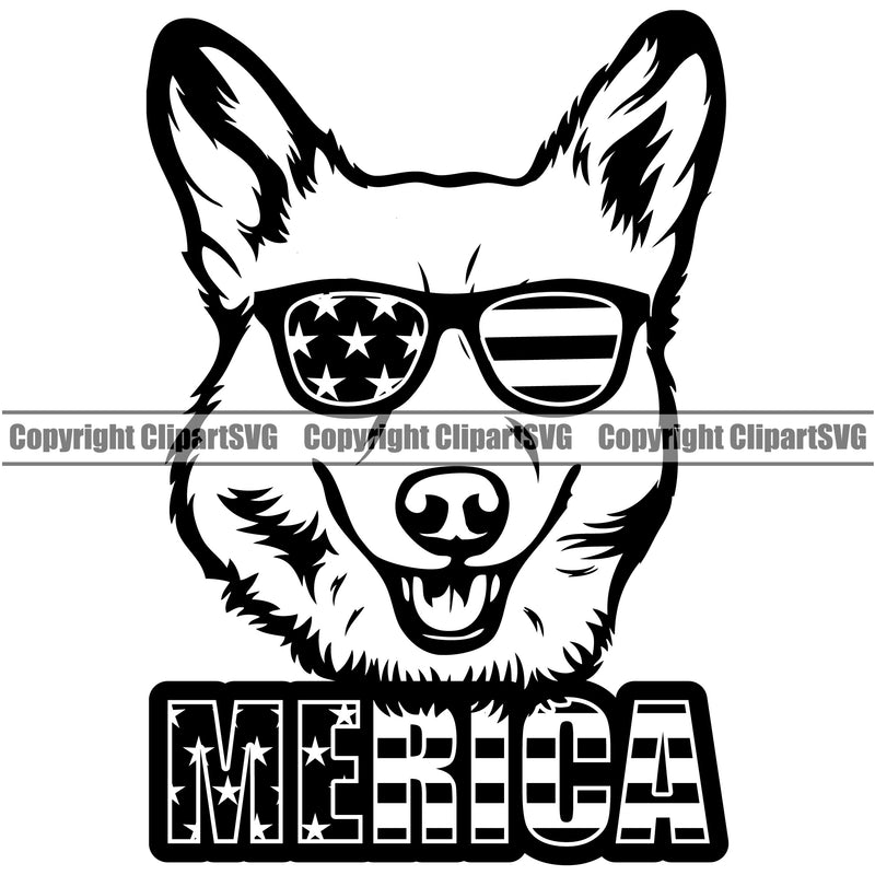 Pembroke Welsh Corgi Dog Wearing Sunglasses With Merica Text Design Element Head Purebred Pedigree K9 Animal Portrait Doggy Face Cute Vector Clipart SVG