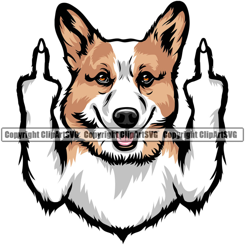 Pembroke Welsh Corgi Middle Finger Sign Color Design Element Canine K9 Animal Portrait Doggy Face Cute Puppy Pup Head Purebred Pedigree Vector Clipart SVG