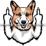 Pembroke Welsh Corgi Middle Finger Sign Color Design Element Canine K9 Animal Portrait Doggy Face Cute Puppy Pup Head Purebred Pedigree Vector Clipart SVG