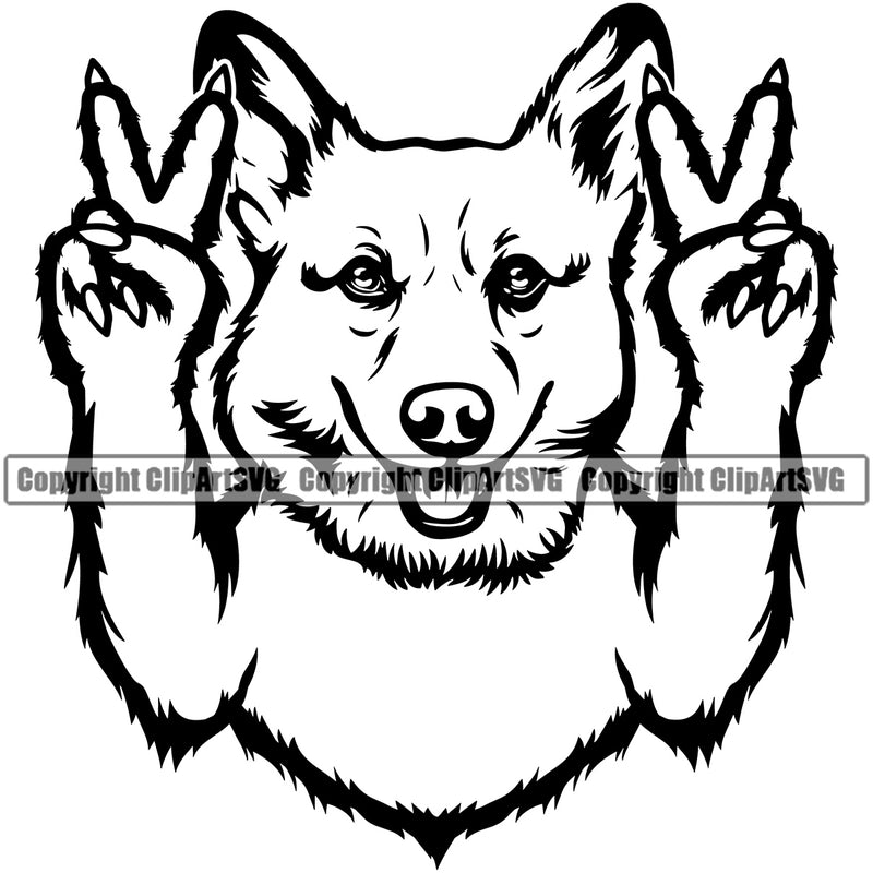 Pembroke Welsh Corgi Dog Design Peace Hand Sign Design Element Puppy Pup Head Purebred Pedigree Canine K-9 K9 Animal Portrait Doggy Face Cute Vector Clipart SVG