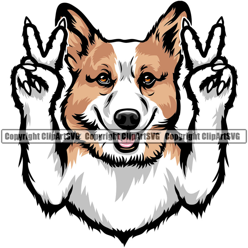 Pembroke Welsh Corgi Dog Peace Hand Sign Design Element Purebred Pedigree Canine K-9 K9 Animal Doggy Face Cute Body Puppy Pup Head Clipart SVG
