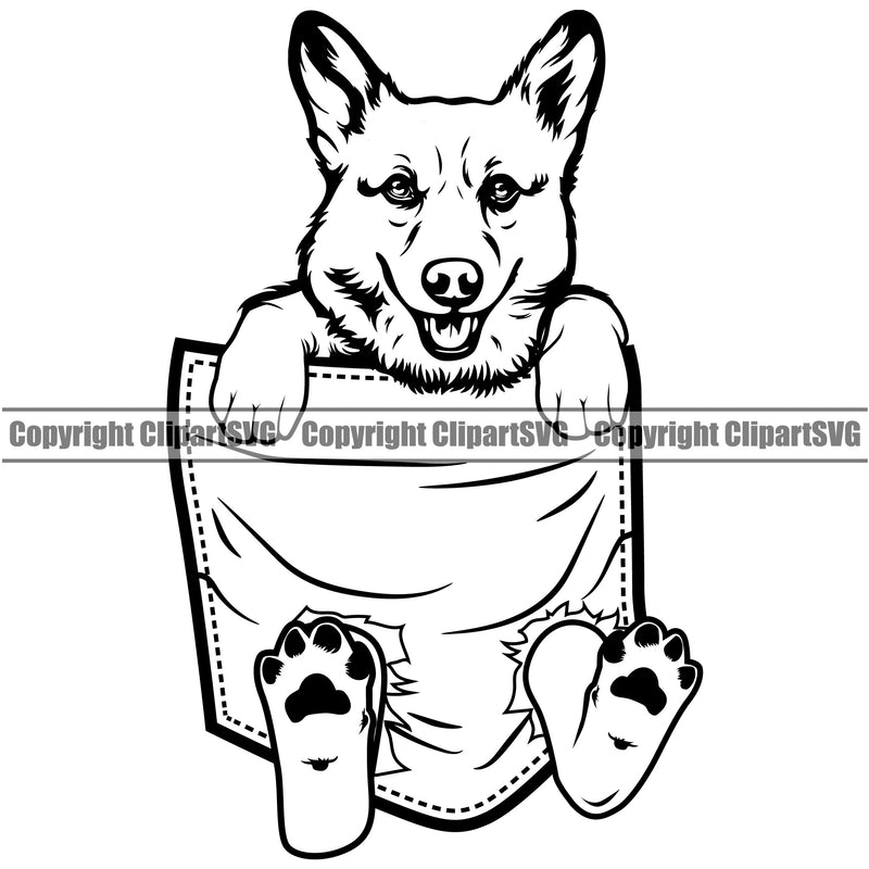 Pembroke Welsh Corgi Dog Hanging From Shirt Pocket Black And White Color Design T-Shirt Tshirt Puppy Pup Head Purebred Pedigree Canine K-9 K9 Animal Portrait Doggy Vector Clipart SVG