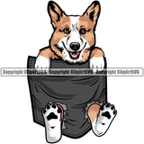 Pembroke Welsh Corgi Dog Hanging From Shirt Pocket T-Shirt Tshirt Design Element Puppy Pup Head Purebred Pedigree Face Cute Body K9 Animal Portrait Doggy Vector Clipart SVG