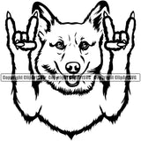 Pembroke Welsh Corgi Dog Rock And Roll Hand Sign Design Element Portrait Doggy Face Cute Body Puppy Pup Head Purebred Pedigree Canine Vector Clipart SVG