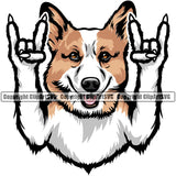 Pembroke Welsh Corgi Dog Rock And Roll Hand Sign Puppy Pup Head Purebred K9 Animal Portrait Doggy Face Pedigree Canine K-9 Clipart SVG