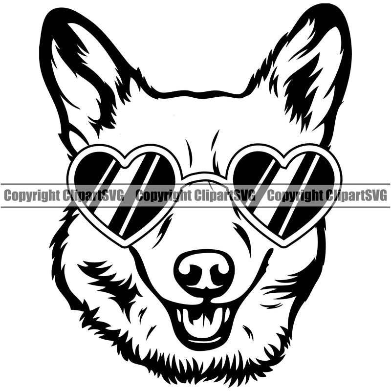 Pembroke Welsh Corgi Dog Wearing Sunglasses Sun Heart Design Element Puppy Pup Head Purebred Pedigree Canine K-9 K9 Animal Portrait Doggy Face Vector Clipart SVG