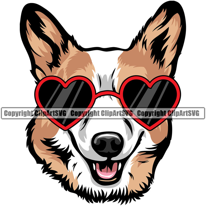 Pembroke Welsh Dog Corgi Wearing Sunglasses Color Design Sun Heart  Puppy Pup Head Purebred Pedigree Canine K-9 K9 Animal Portrait Doggy Doggy Clipart SVG