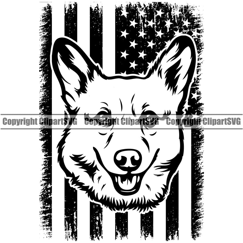 Pembroke Welsh Corgi Dog Under USA Flag Design Puppy Pup Head Purebred Pedigree Face Canine K-9 K9 Animal Portrait Doggy Clipart SVG