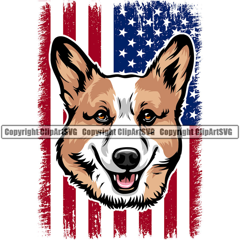 Pembroke Welsh Corgi Dog Under USA Flag Color Design Puppy Pup Head Canine K-9 K9 Animal Portrait Doggy Face Purebred Pedigree Clipart SVG