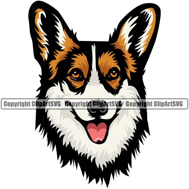 Pembroke Welsh Corgi Dog Color Head Smile Face Design Element Puppy Pup Head Purebred Pedigree Canine K-9 K9 Animal Portrait Doggy Face Vector Clipart SVG