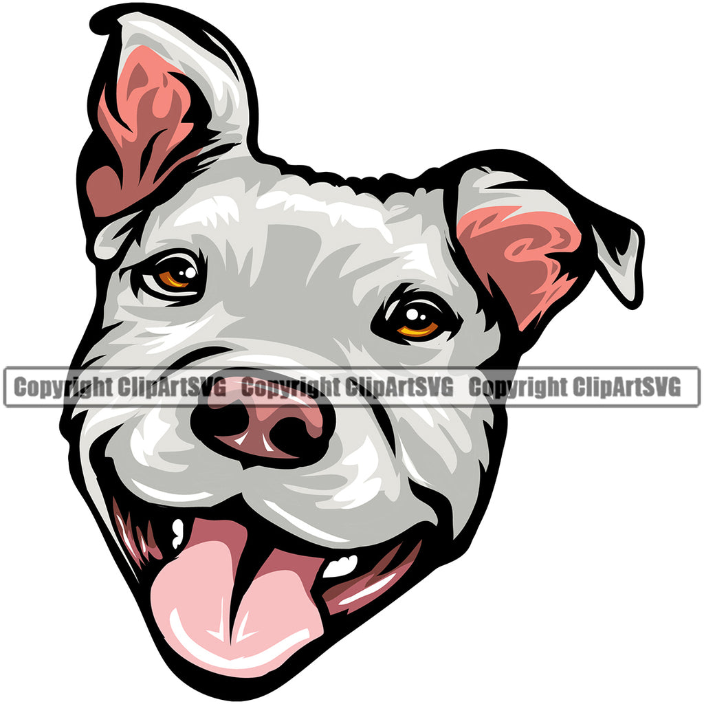 Pit Bull Dog White Color Smile Face Puppy Pup Head Purebred Pedigree Canine K-9 K9 Animal Portrait Doggy Face Vector Clipart SVG