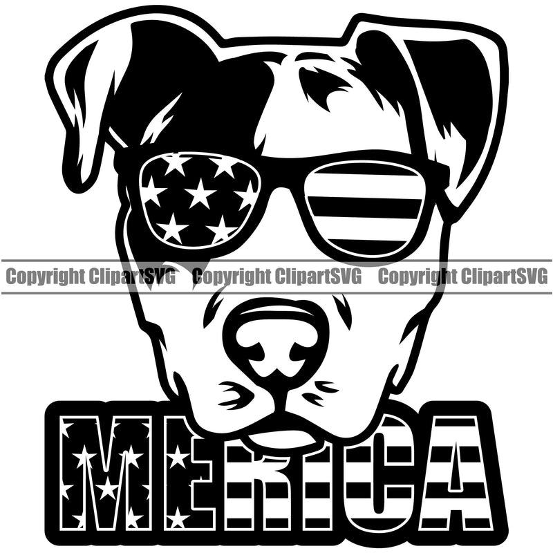 Pit Bull Dog Wearing Sunglasses Merica Text Design Element Puppy Pup Head Purebred Pedigree Canine K-9 K9 Animal Portrait Doggy Face Cute Clipart SVG