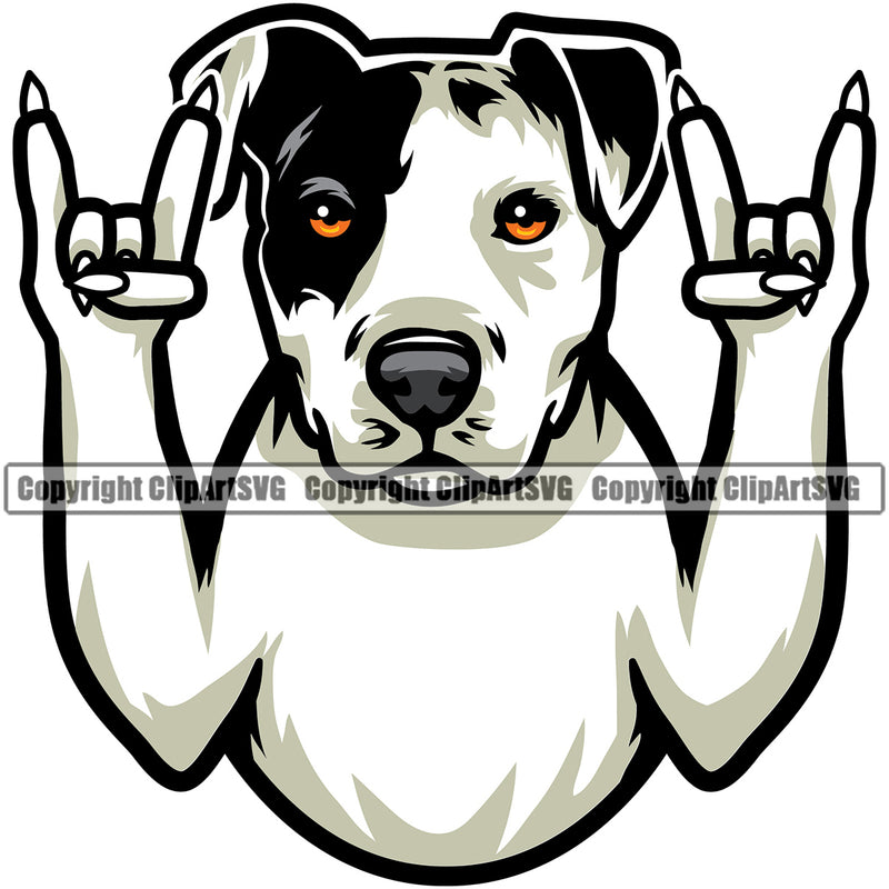 Pit Bull Dog Rock And Roll Hand Sign Color Design Element Puppy Pup Head K9 Animal Portrait Doggy Face Cute Purebred Pedigree Canine K-9 Vector Clipart SVG