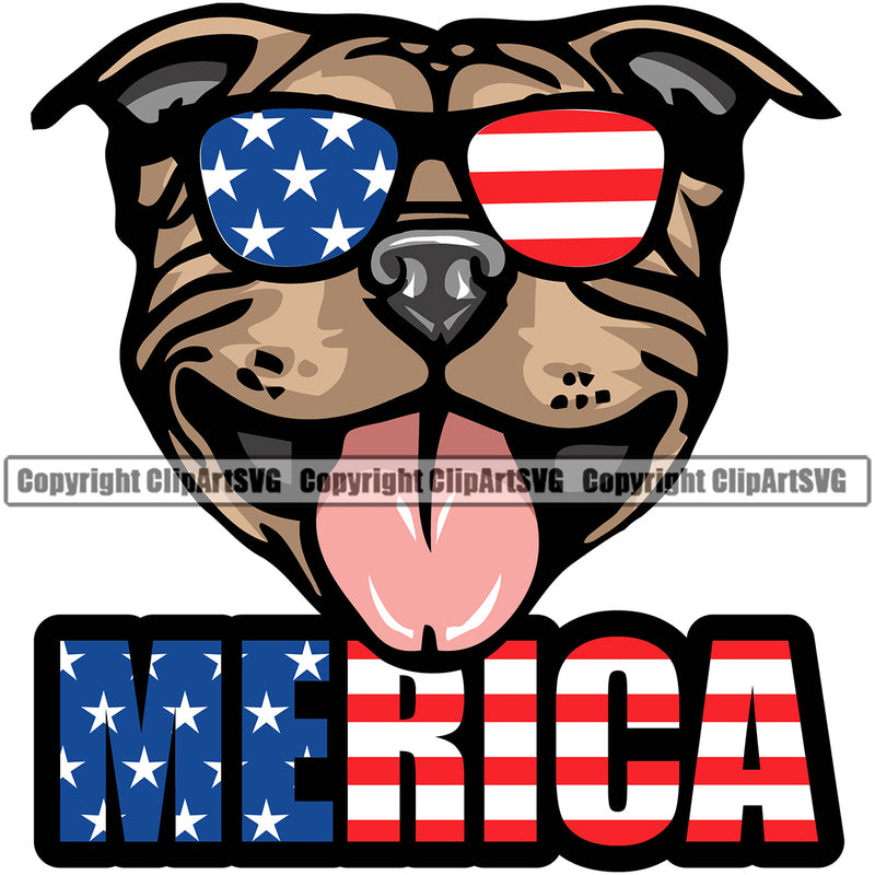 Pit Bull Dog Wearing Sunglasses Color Design With Merica Text Puppy Pup Head K9 Animal Portrait Doggy Face Cute Vector Clipart SVG