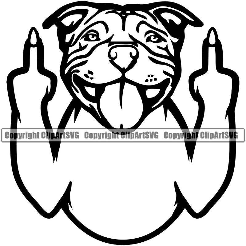 Pit Bull Dog Middle Finger Sign Puppy Pup Head Purebred Pedigree Canine K-9 K9 Animal Portrait Doggy Face Cute Vector Clipart SVG