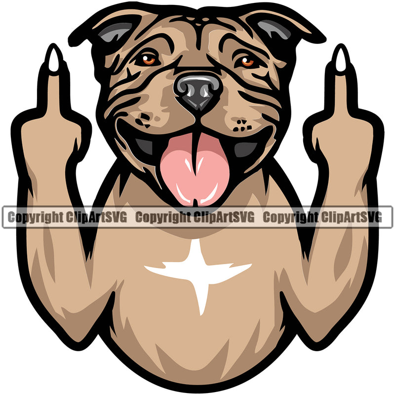 Pit Bull Dog Middle Finger Sign Design Element Color Puppy K-9 K9 Animal Portrait Doggy Face Cute Head Purebred Pedigree Canine Vector Clipart SVG