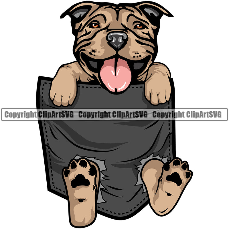 Pit Bull Dog Hanging From Shirt Pocket Color Design T-Shirt Tshirt Puppy Pup Head Purebred Pedigree Canine K-9 K9 Animal Portrait Doggy Face Vector Clipart SVG