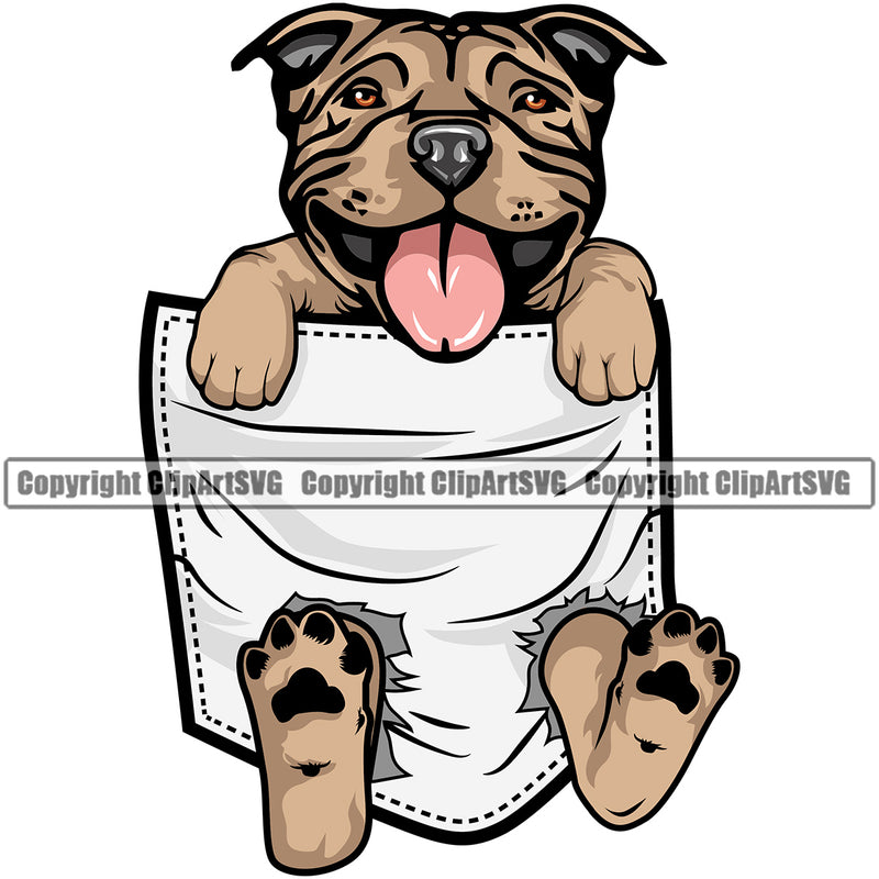Pit Bull Dog Color Design Dog Hanging From Shirt Pocket Tshirt T-Shirt Smile Face Puppy Pup Head Purebred Pedigree Canine K-9 K9 Animal Portrait Doggy Vector Clipart SVG
