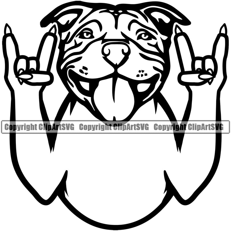 Pit Bull Dog Rock And Roll Hand Sign Design Element Puppy Pup Head Purebred Pedigree Canine K-9 K9 Animal Portrait Doggy Face Smile Clipart SVG