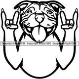 Pit Bull Dog Rock And Roll Hand Sign Design Element Puppy Pup Head Purebred Pedigree Canine K-9 K9 Animal Portrait Doggy Face Smile Clipart SVG