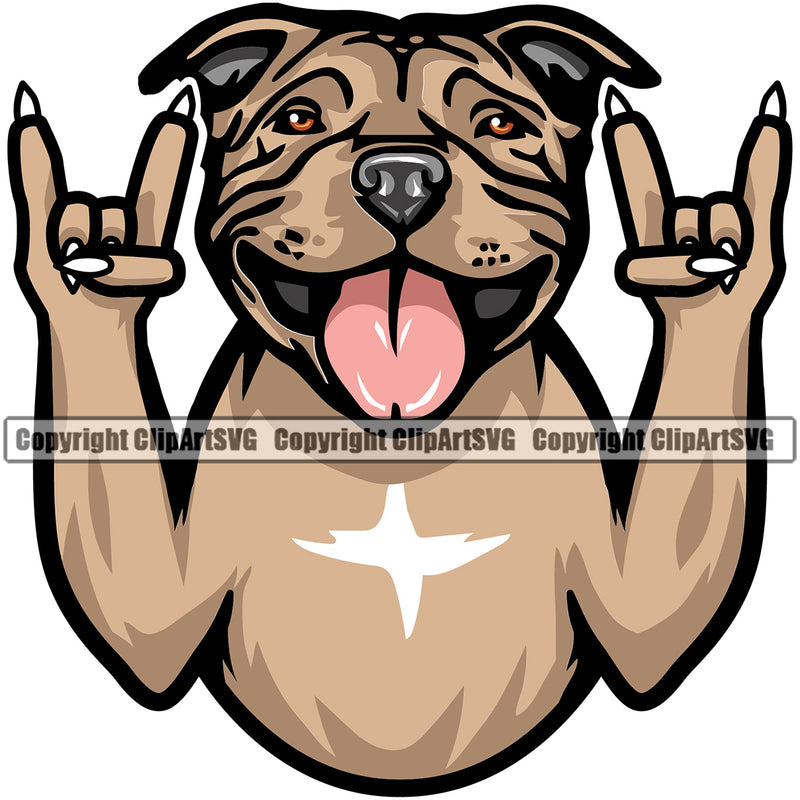 Pit Bull Dog Rock And Roll Hand Sign Color Design Element ead Purebred Pedigree Canine K-9 K9 Animal Portrait Doggy Face Cute Puppy Vector Clipart SVG