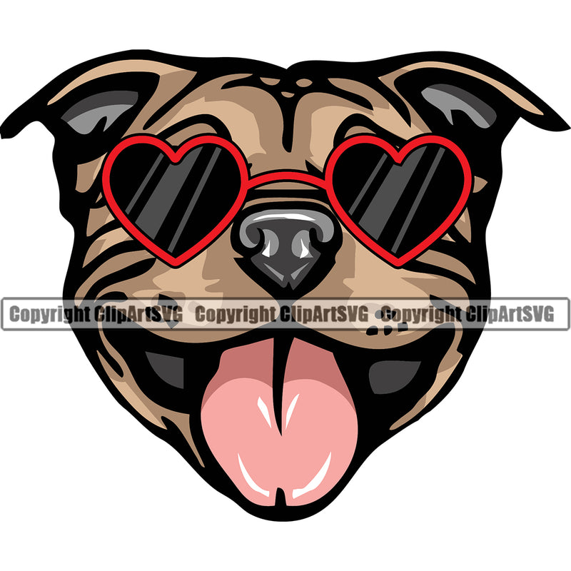 Pit Bull Dog Wearing Sunglasses With Sun Heart Design Puppy Pup Head Purebred Pedigree Canine K-9 K9 Animal Portrait Doggy Face Vector Clipart SVG