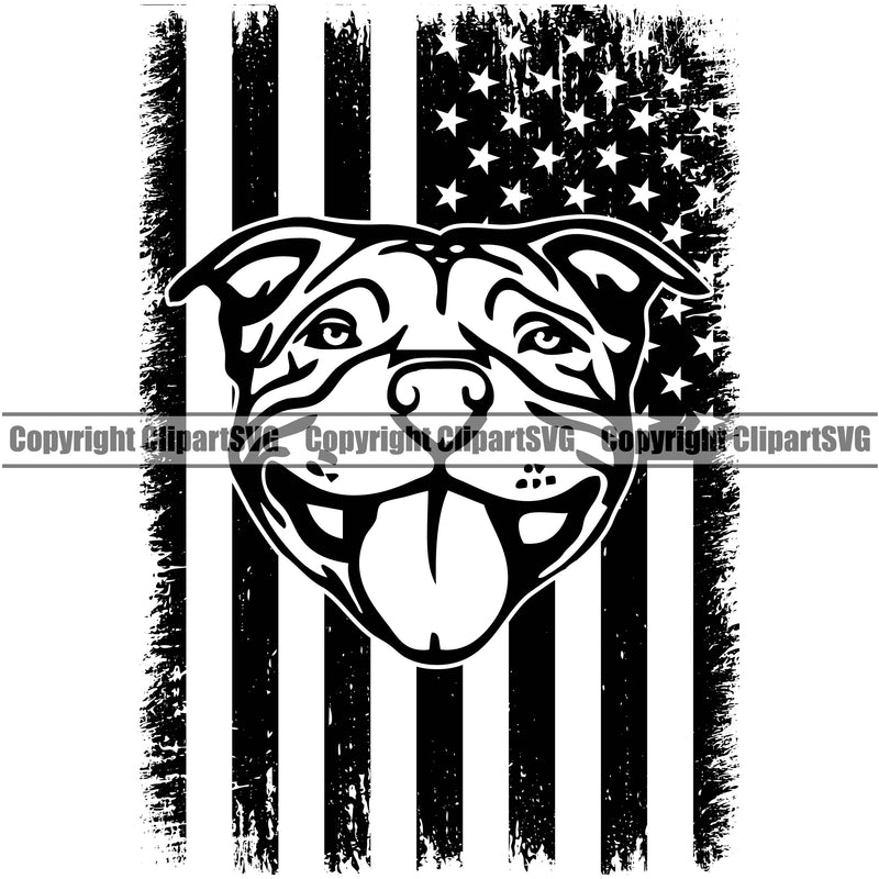 Pit Bull Dog Under USA Flag Design Element Black White Color Puppy Pup Head Purebred Pedigree Canine K-9 K9 Animal Portrait Doggy Face Vector Clipart SVG