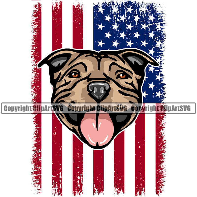 Pit Bull Dog Under USA Flag Color Design Element America Puppy Pup Head Purebred Pedigree Canine K-9 K9 Animal Portrait Doggy Face Cute Body Vector Clipart SVG