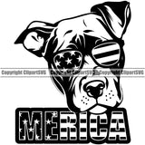 Pit Bull Dog Wearing Sunglasses With Merica Text Design USA Flag Design Puppy Pup Head Purebred Pedigree Canine K-9 K9 Animal Portrait Doggy Face Vector Clipart SVG